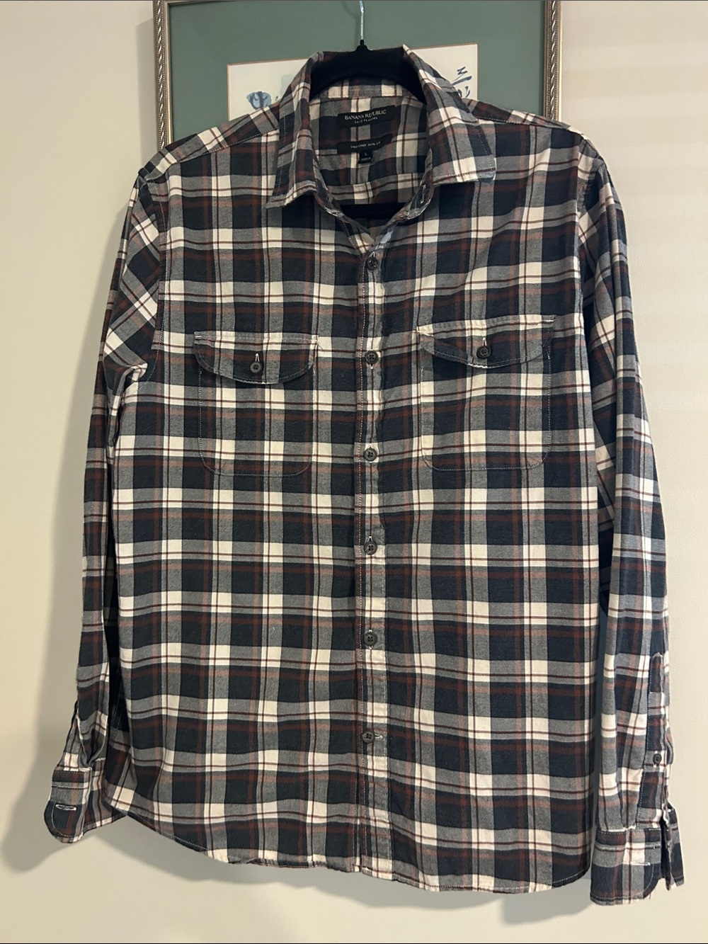 Banana Republic Men’s Black, White & Brown Plaid Button-Down Shirt